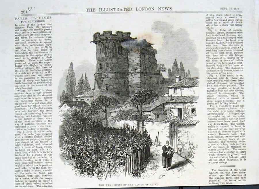 Original Old Antique Print Ruins Castle Ligny 1870 War France 19th
