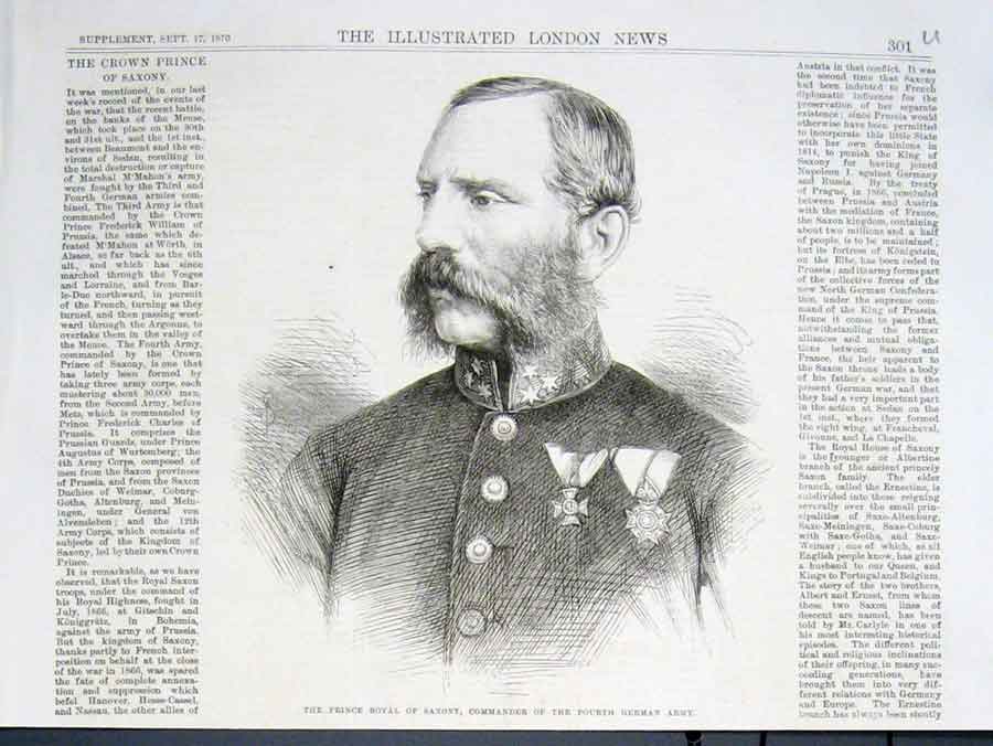 Old Antique Print Prince Royal Saxony Commander Fourth German Army 1870 19th