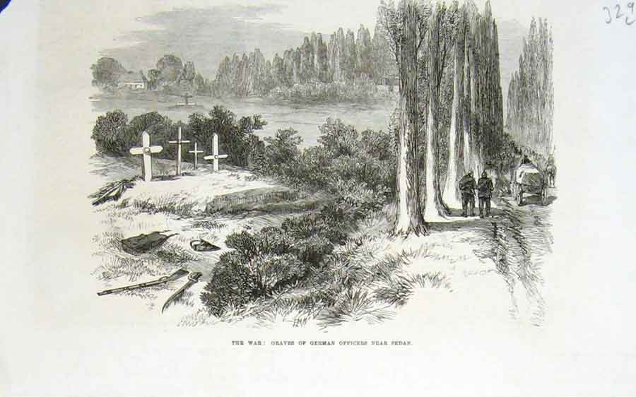 Original Old Antique Print Graves German Officers Nr Sedan 1870 War France 19th