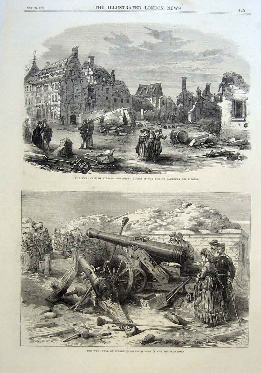 Original Old Antique Print Fall Strasbourgh 1870 France 19th Century