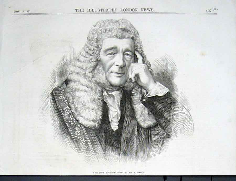 Original Old Antique Print Portrait Sir J Bacon 1870 19th Century