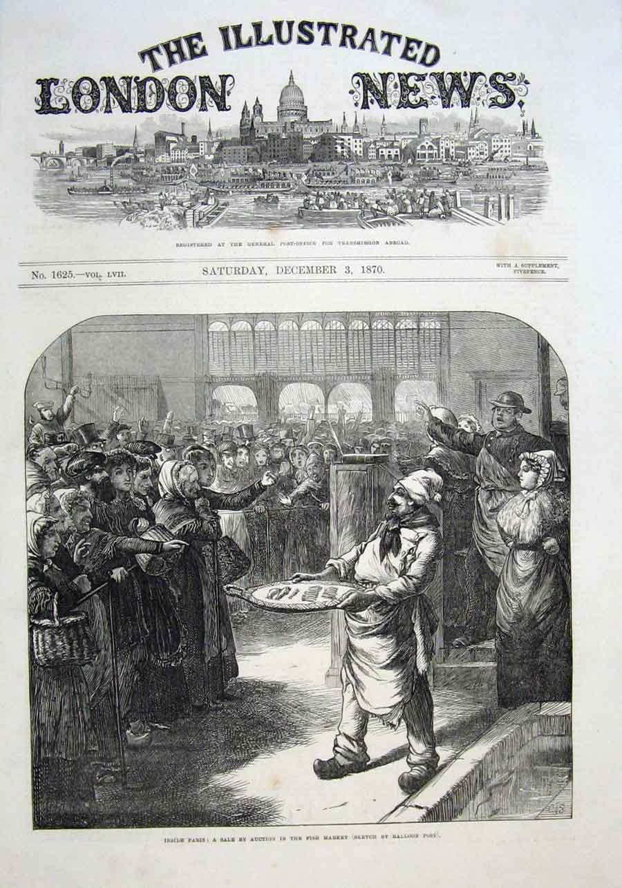 Original Old Antique Print Auction Slae Fish Market Paris 1870 War F Victorian