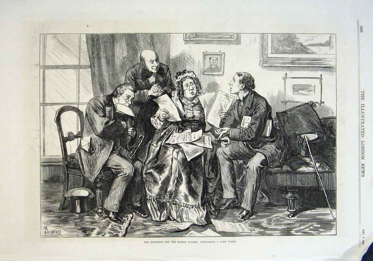 Original Old Antique Print Canvassing Lady Voter For School Boards Election 1870