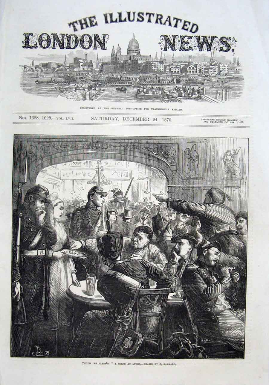 Original Old Antique Print Pour Les Blesses By Barnard 1870 Lyons 19th