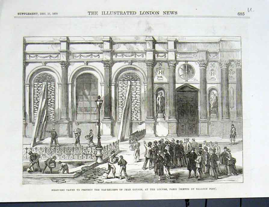 Old Antique Print Protection For Bas Reliefs Jean Goujon Louvre Paris 187 19th
