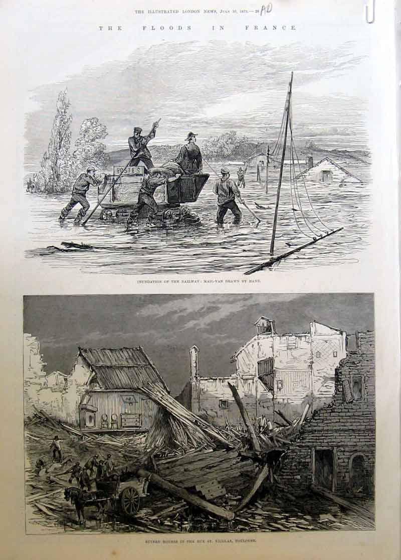 Original Old Antique Print Flood Toulouse Railway 1875 France 19th