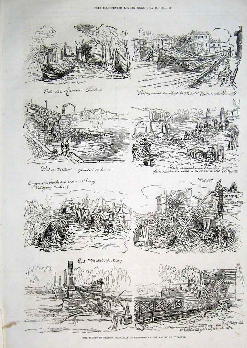 Original Old Antique Print Floods In France Toulouse 1875 19th Century