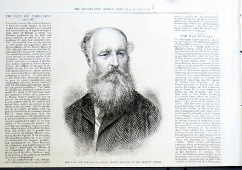 Original Old Antique Print Sir Frederick Arrow 1875 Portrait 19th