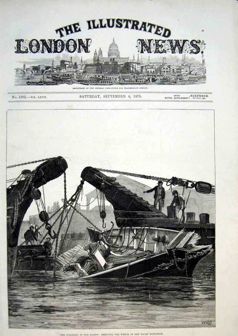 Original Old Antique Print Collision In Solent Wreck Yacht Mistletoe 1875 19th