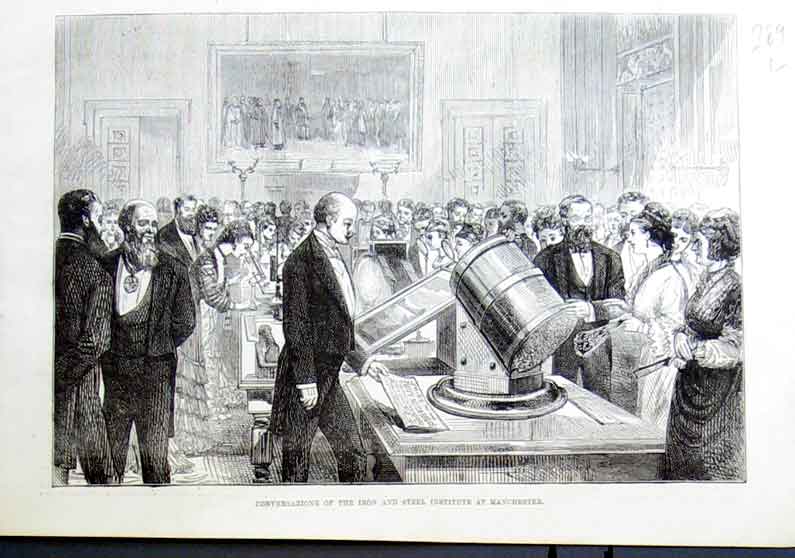 Original Old Antique Print Iron & Steel Institute Manchester 1875 Victorian