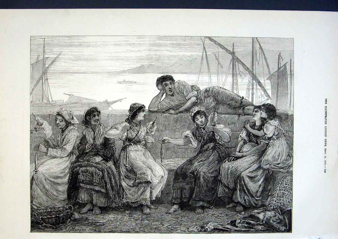 Original Old Antique Print Evening On Pier At Genca 1875 19th Century