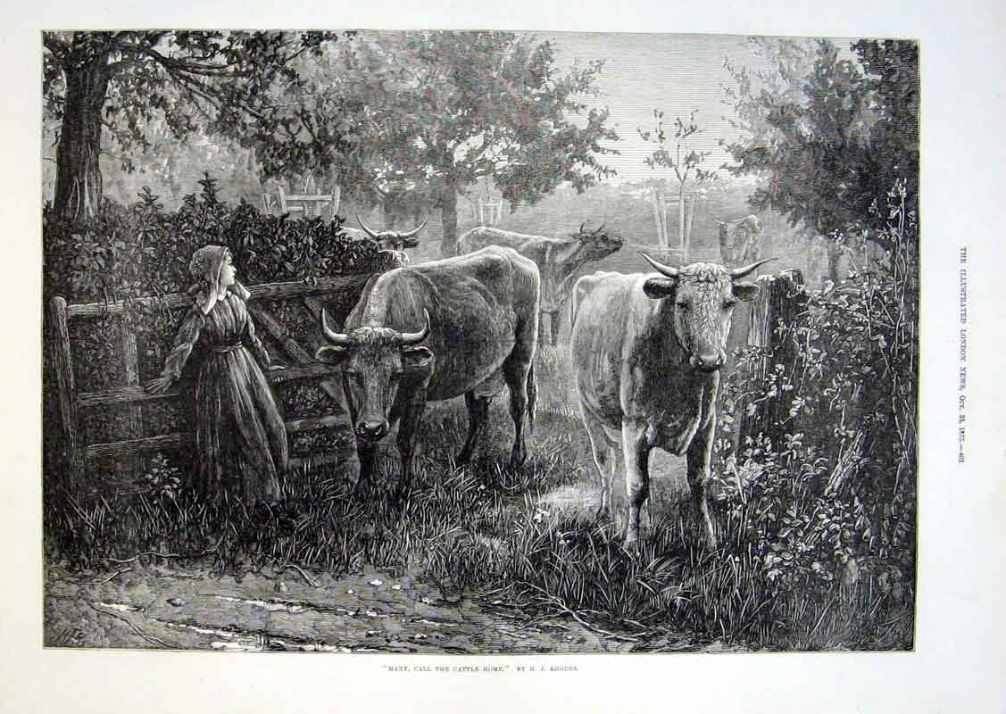 Original Old Antique Print Mary Call The Cows Home By Rhodes Fine Art 1875 19th