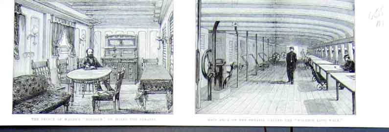 Original Old Antique Print Royal Appartments Hms Serapis 1875 Ships Victorian
