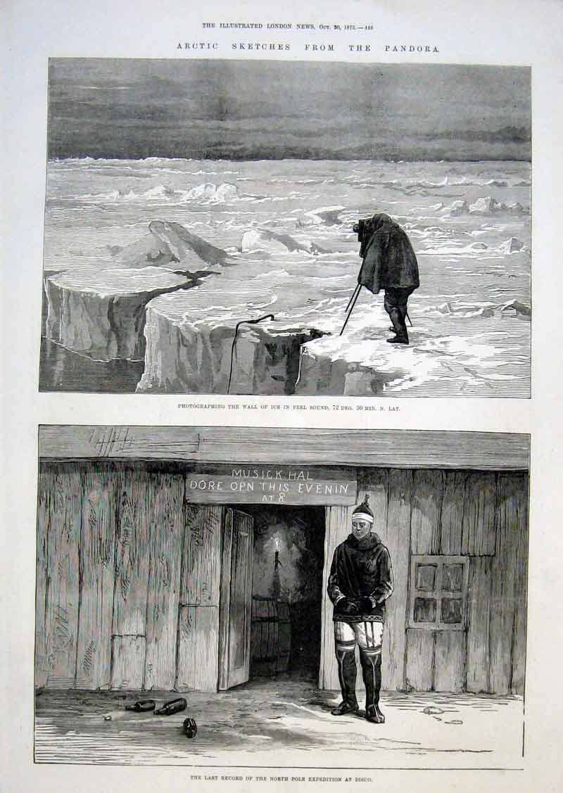 Original Old Antique Print Artic Exped Music Hall At Disco & Wall Ice 1875 19th