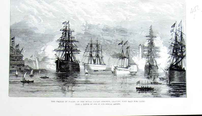 Original Old Antique Print Royal Yacht Osborne Leaves Port Said For Cairo Ships