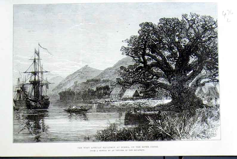 Original Old Antique Print West African Squadron At Bomma On River Congo 1875