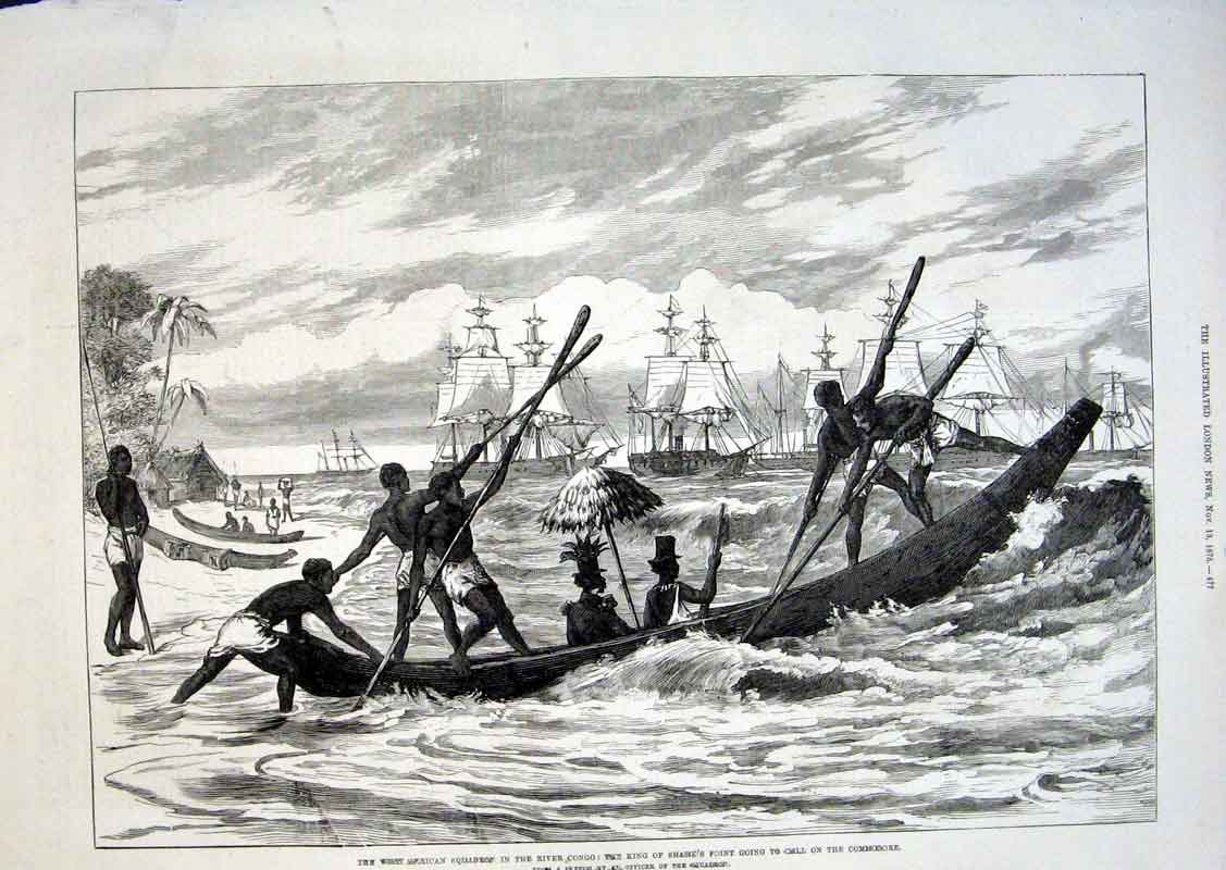 Original Old Antique Print American Ships In Congo King Sharks Point Canoe 1875
