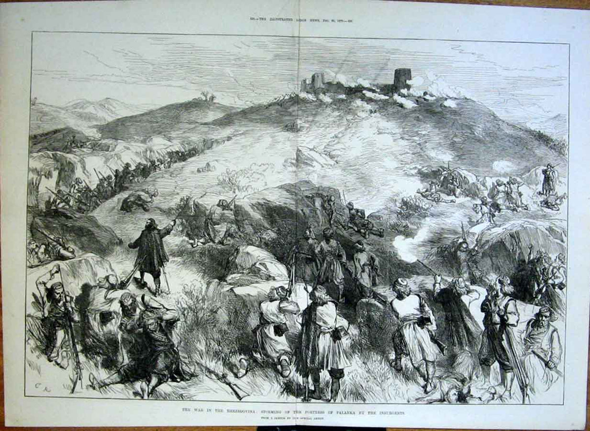 Original Old Antique Print Storming Fortress Palanka 1875 War Herzegoviania