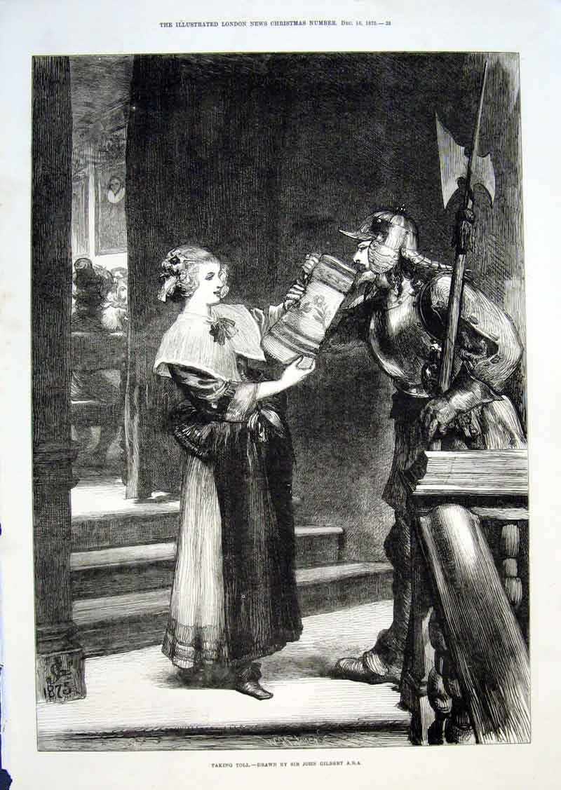 Original Old Antique Print Taking Toll A Guard'S Drink By Gilbert 1875 Victorian