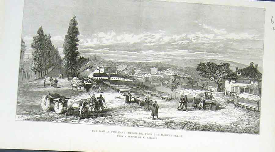 Original Old Antique Print Belgrtade Market Place 1876 19th Century