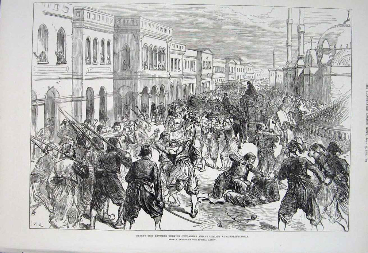 Old Antique Print Riot Turkish Gendarmes & Christians Constantinople 1876 19th