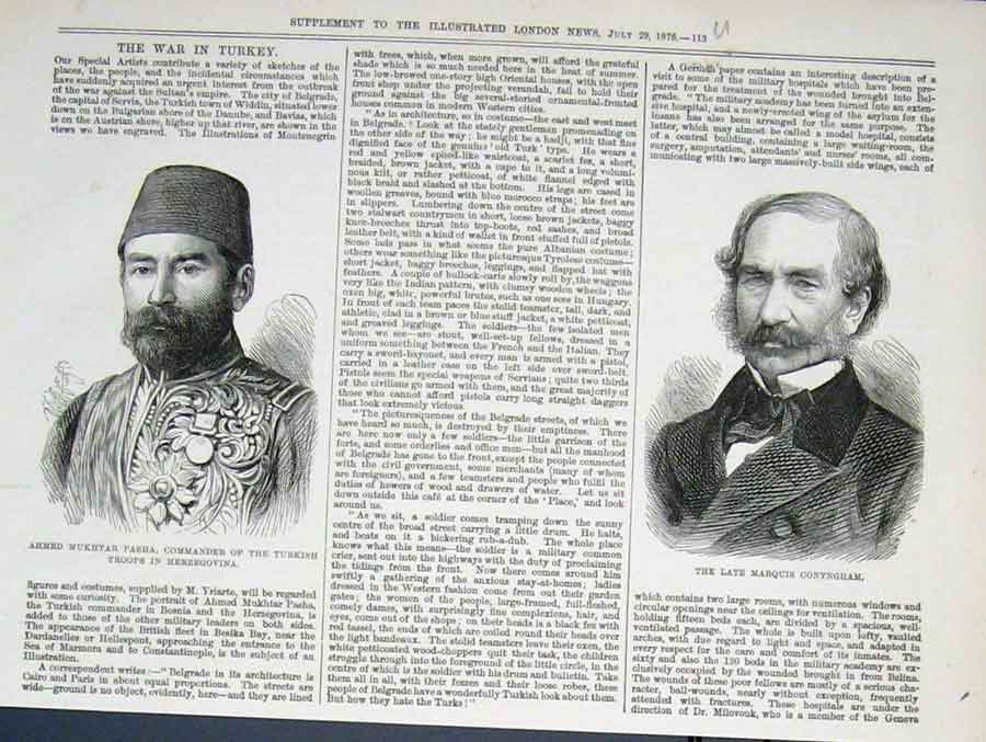 Original Old Antique Print Portraits Ahmed Mukhtar Pasha Marquis Conyngham 1876