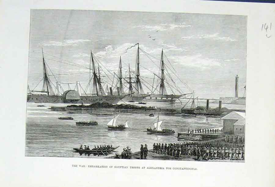 Original Old Antique Print Embarkation Egyptian Troops Alexandria 1876 19th