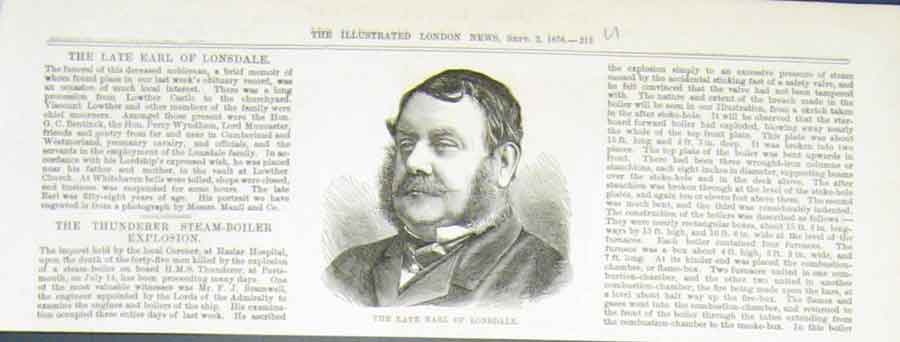 Original Old Antique Print Portrait Earl Londsdale 1876 19th Century