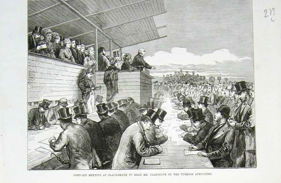 Original Old Antique Print Gladstone Speaks On Turkey Blackheath 1876 Victorian