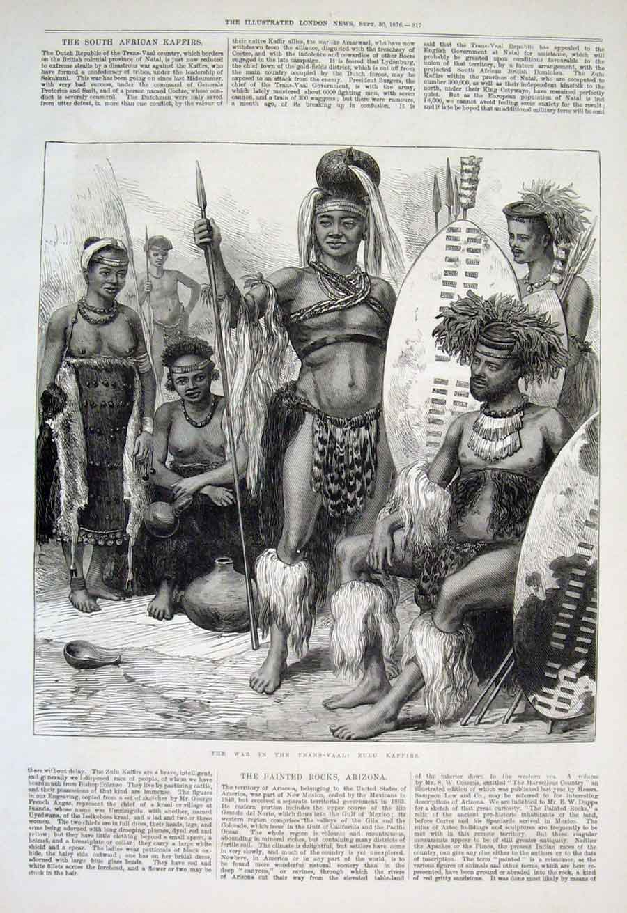 Original Old Antique Print War In The Transvaal S Africa Zulu Kaffirs 1876 19th