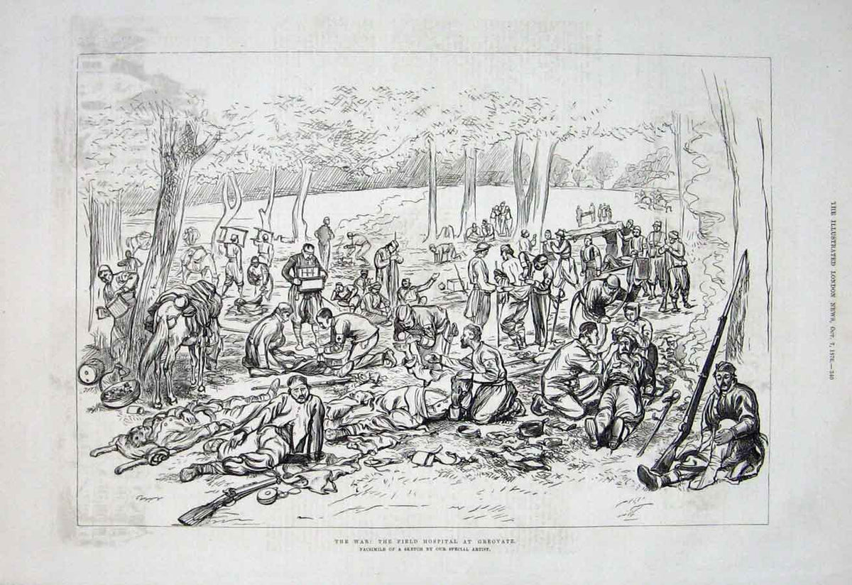 Original Old Antique Print Field Hospital At Greovatz 1876 War 19th