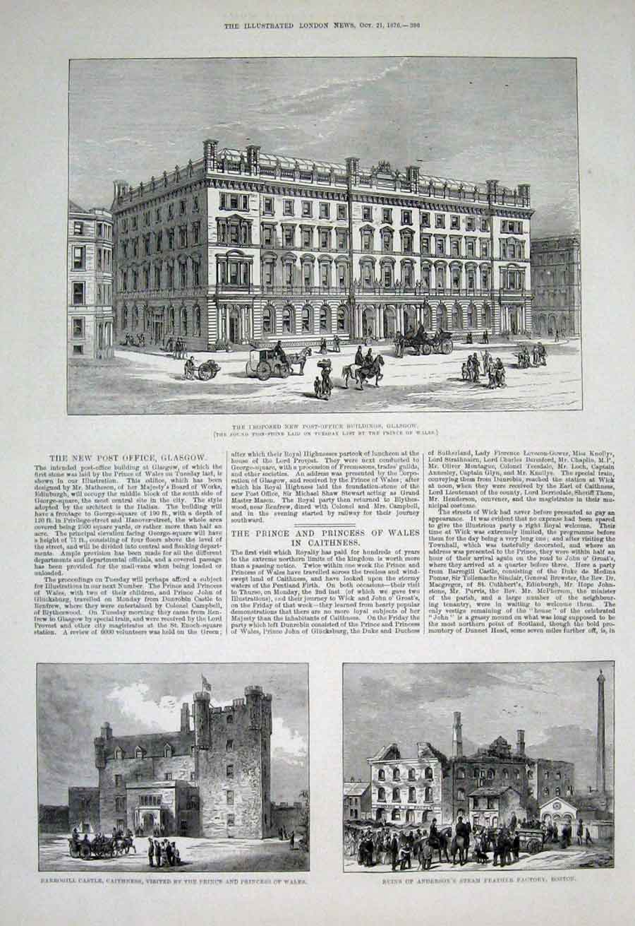 Old Antique Print New Post Office GlasgowBarrogill Castle Caithness 1876 19th