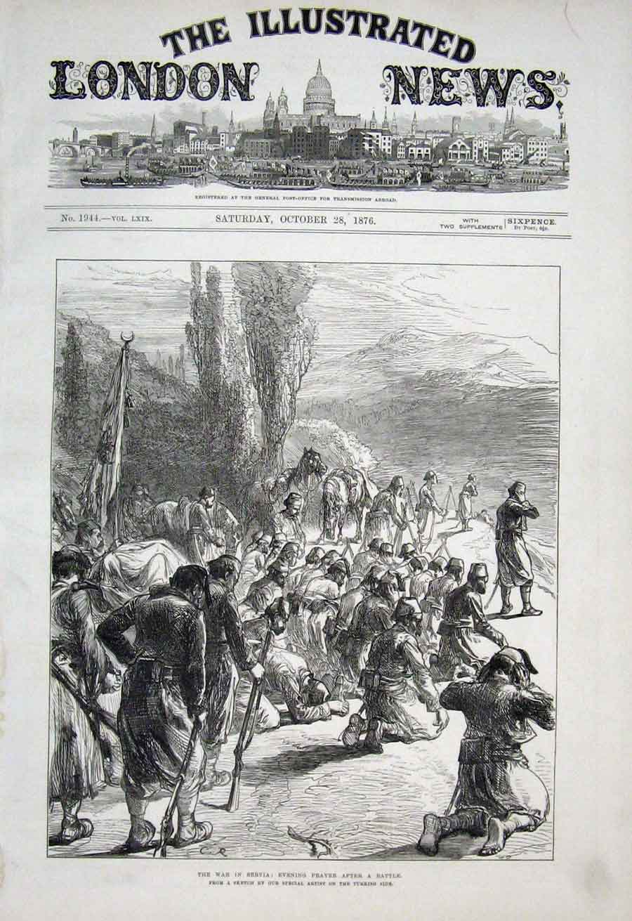 Original Old Antique Print War In Servia: Evening Prayer After Battle 1876 19th