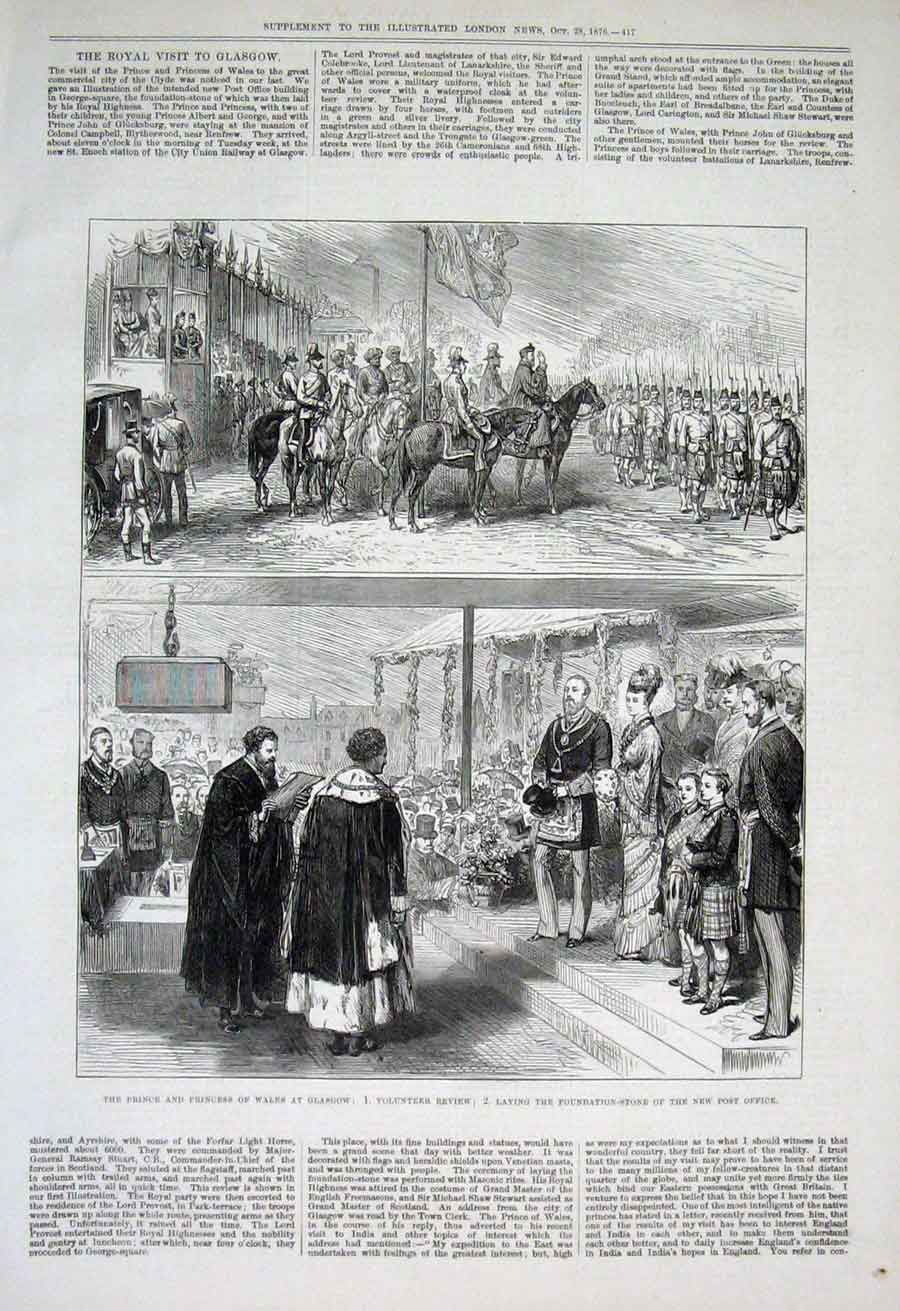 Old Antique Print Prince Wales At Glasgow Laying Foundation Post Office