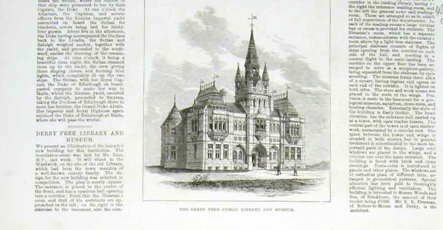 Original Old Antique Print Derby Free Public Library & Museum 1876 Victorian