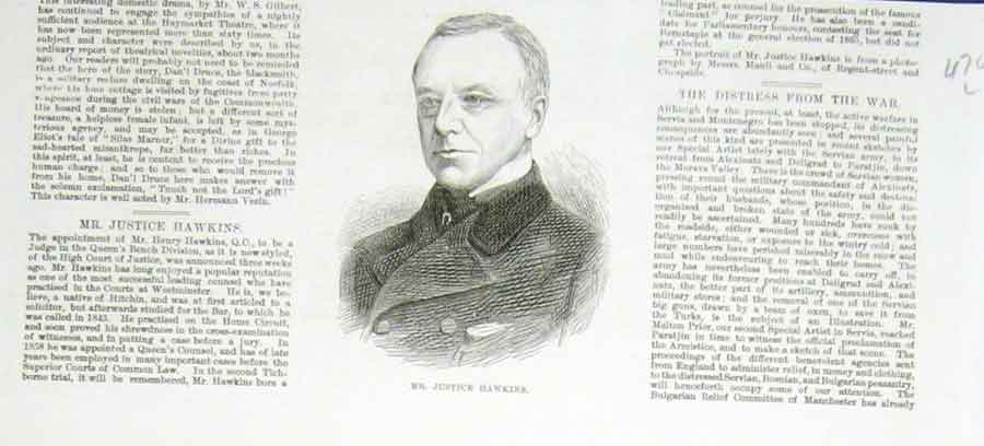 Original Old Antique Print Mr Justice Hawkins 1876 Portrait 19th