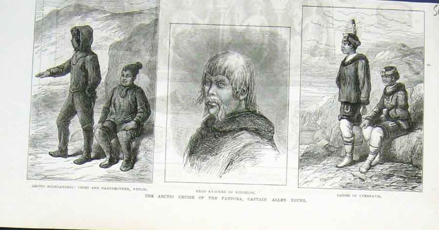 Original Old Antique Print Capt Allen Young Artic Cruise Ship Pandora 1876 19th