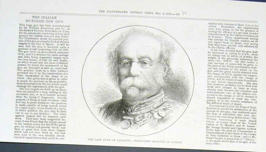 Original Old Antique Print Duke Saldanha Portugese Minister To London 1876 19th
