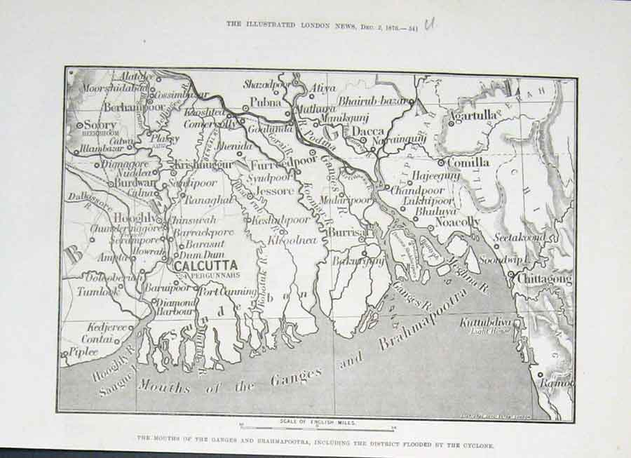 Old Antique Print Mouth Ganges& Brahmapootra Flooded By Cyclone 1876 Indi 19th