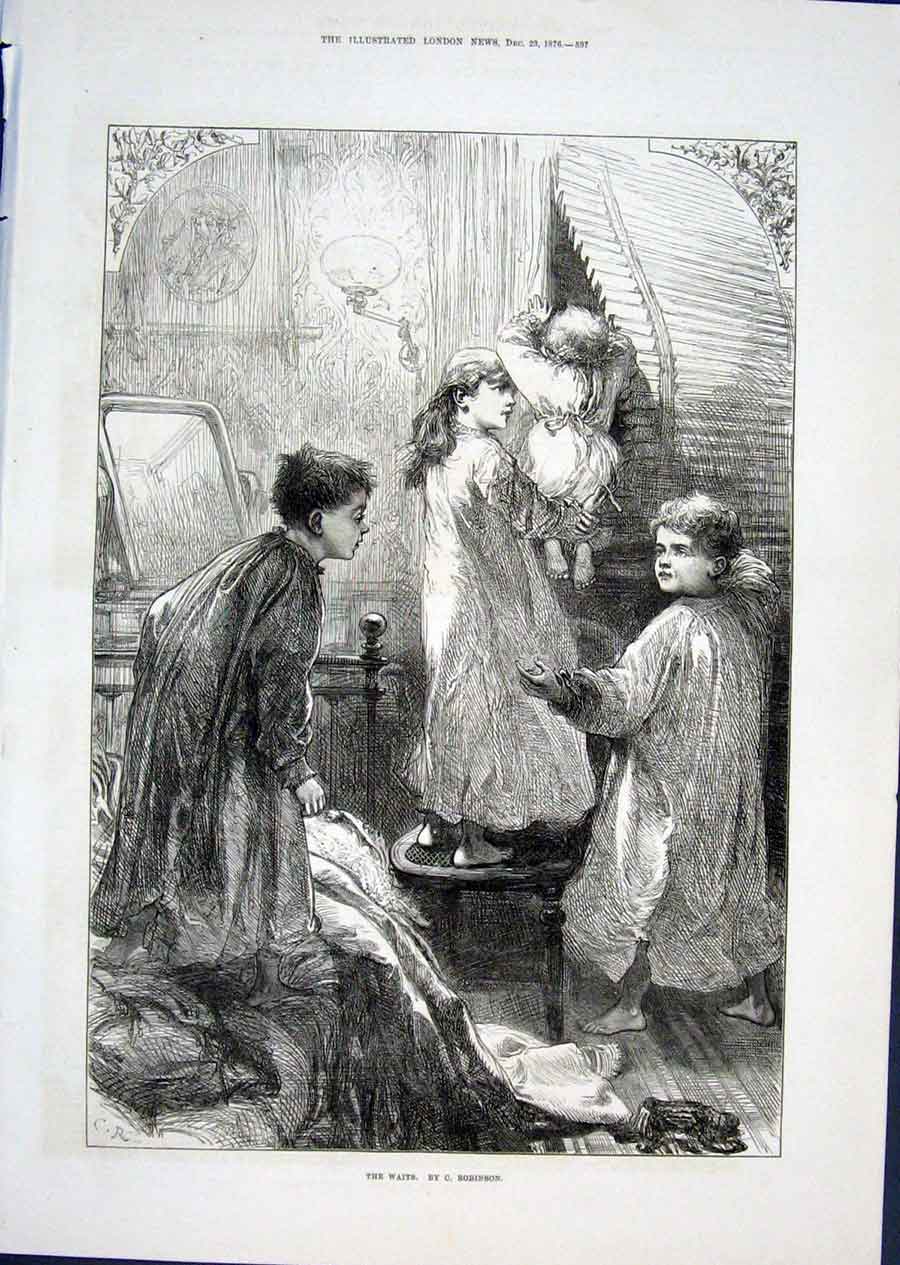 Original Old Antique Print The Waits By Robinson 1876 Fine Art 19th
