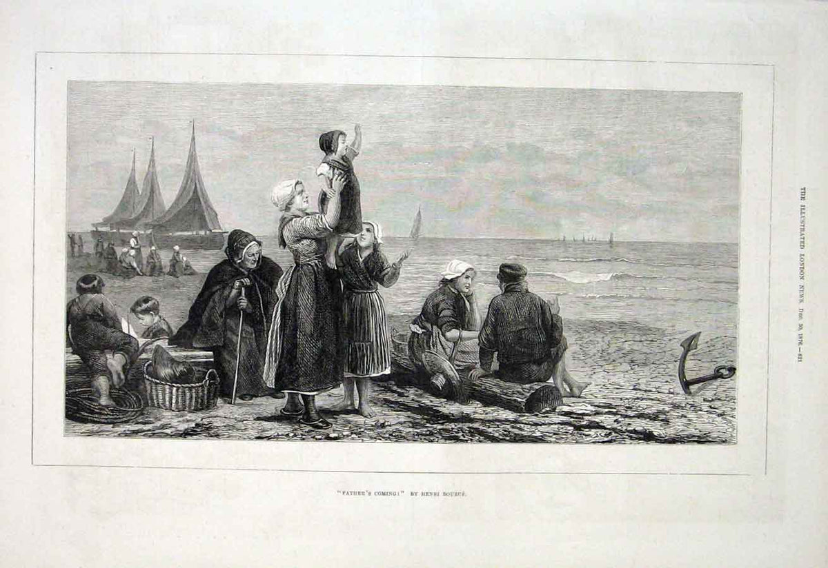 Original Old Antique Print Father'S Coming By H Bource 1876 Fine Art Victorian