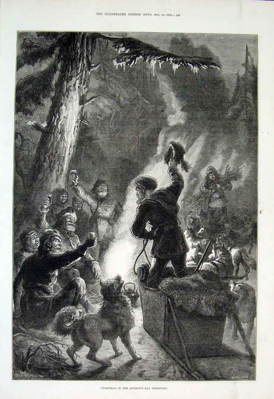 Original Old Antique Print Christmas In Hudson Bay Territory Canada 1876 19th
