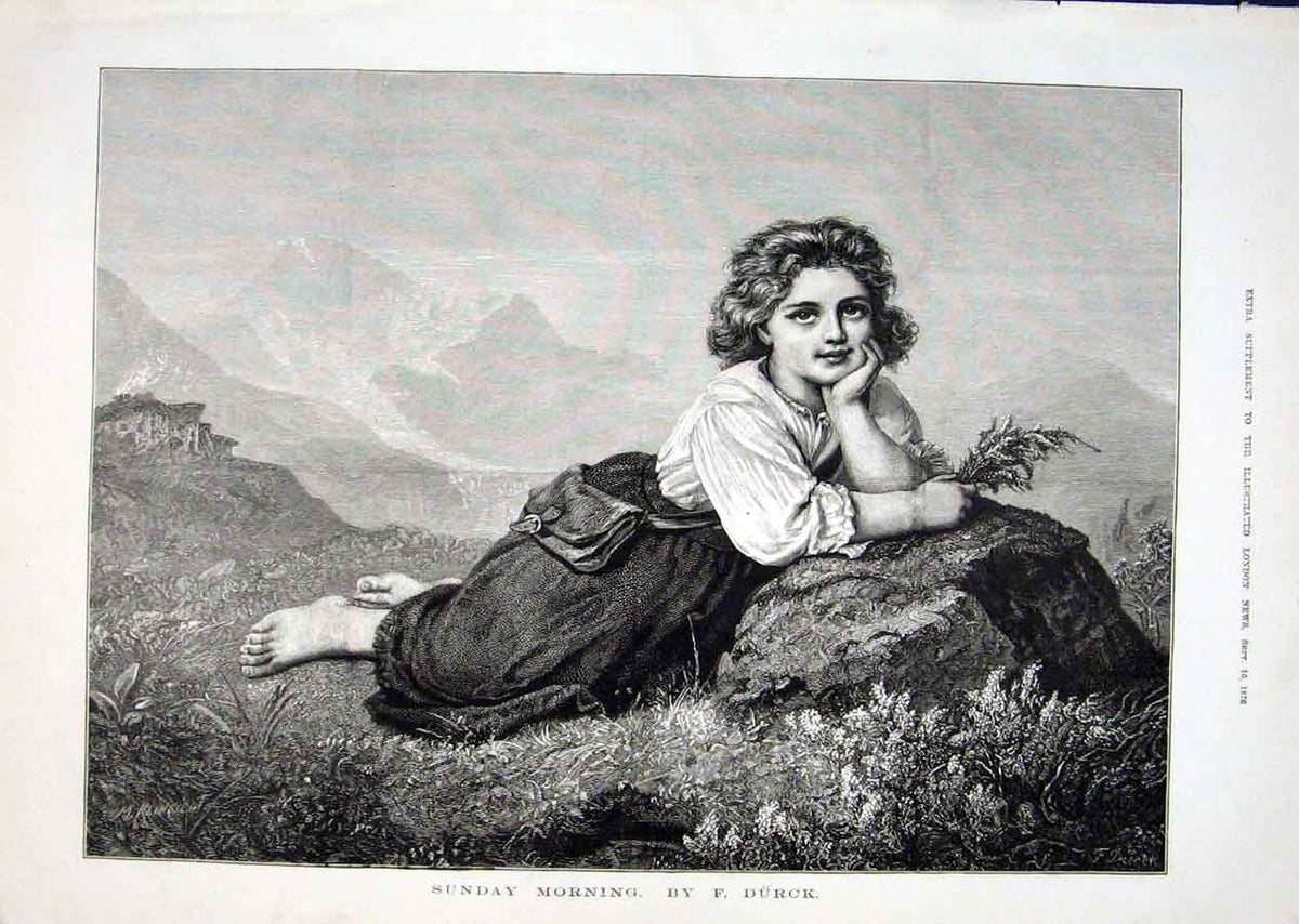 Original Old Antique Print Sunday Morning By Durck 1876 Girls Dream Victorian