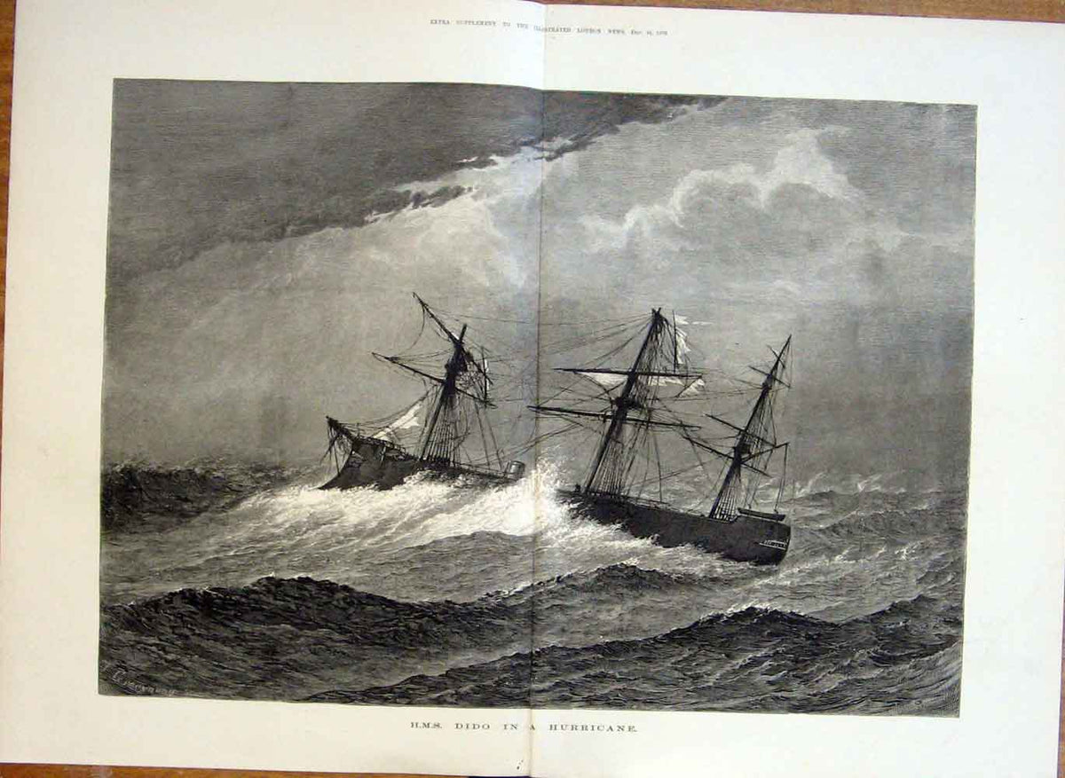 Original Old Antique Print Hms Dido In Hurricane 1876 Ships 19th