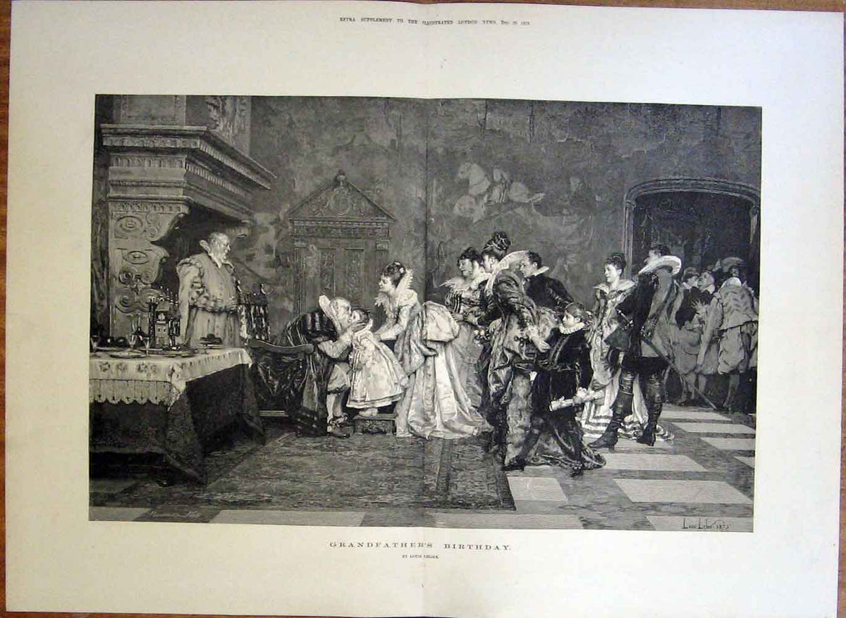 Original Old Antique Print Grandfather'S Birthday By Louis Leloir 1876 A 19th