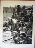 Original Old Antique Print Unloading French Herring Boat Boulogne 1876 19th