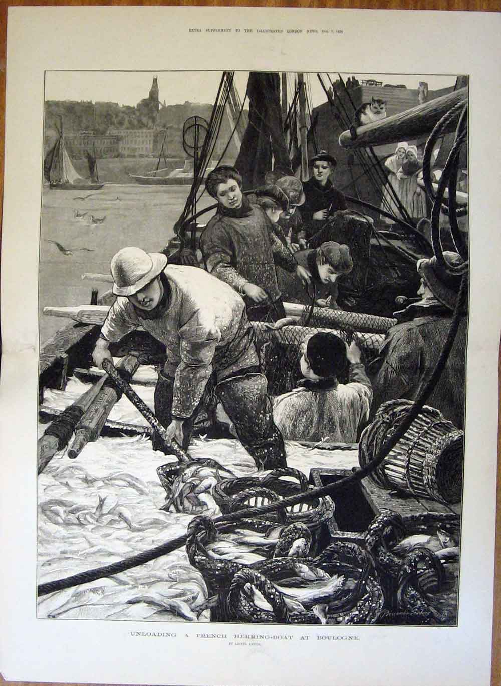 Original Old Antique Print Unloading French Herring Boat Boulogne 1876 19th