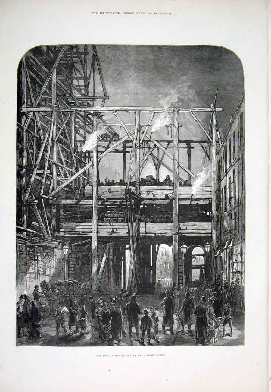 Original Old Antique Print Temple Bar Demolition London1878 19th