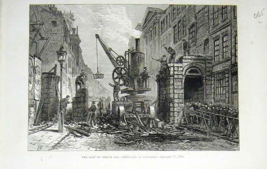 Original Old Antique Print Temple Bar London 1878 19th Century