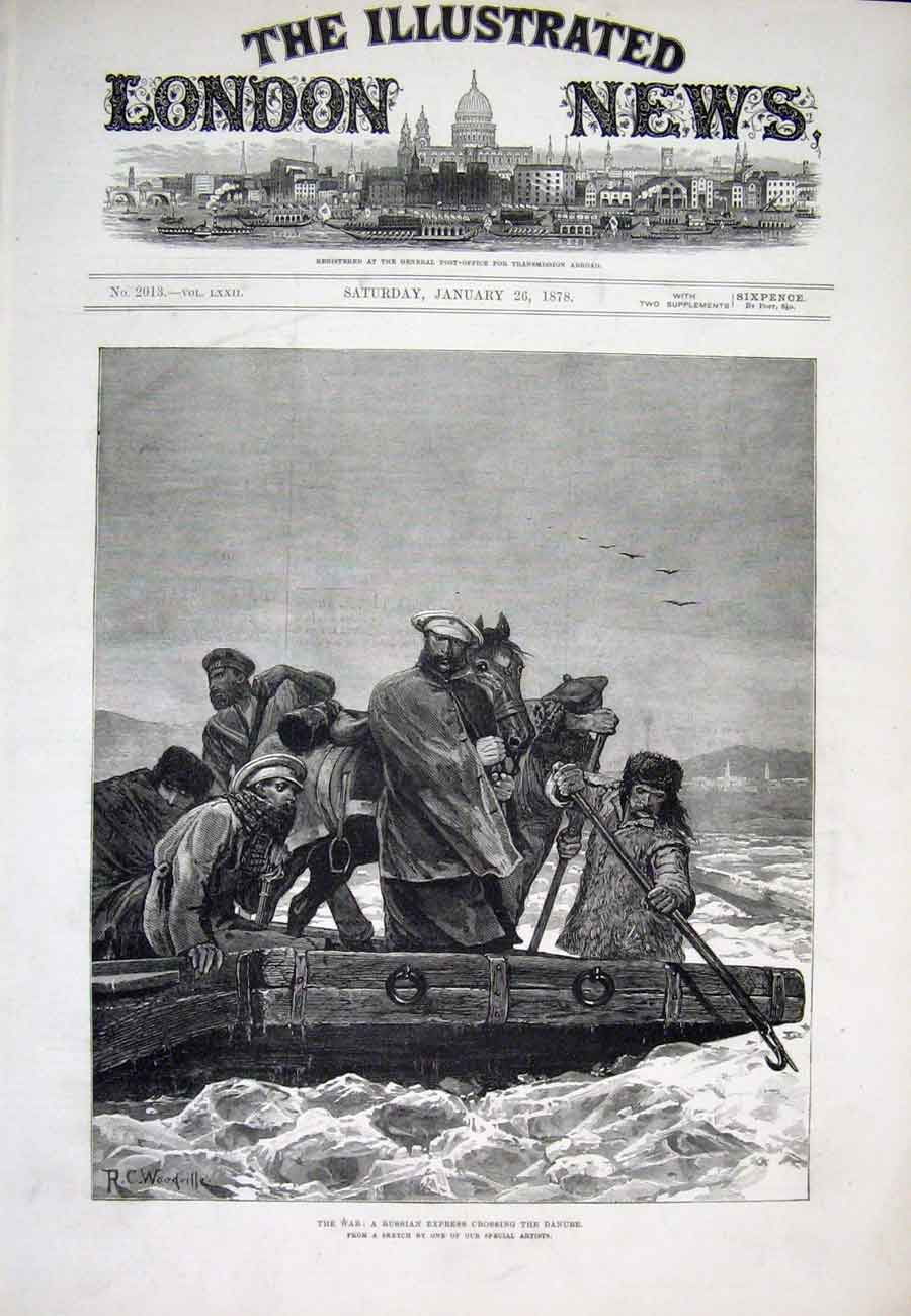 Original Old Antique Print Danube Russian War Ferry Horse River Woodville 1878